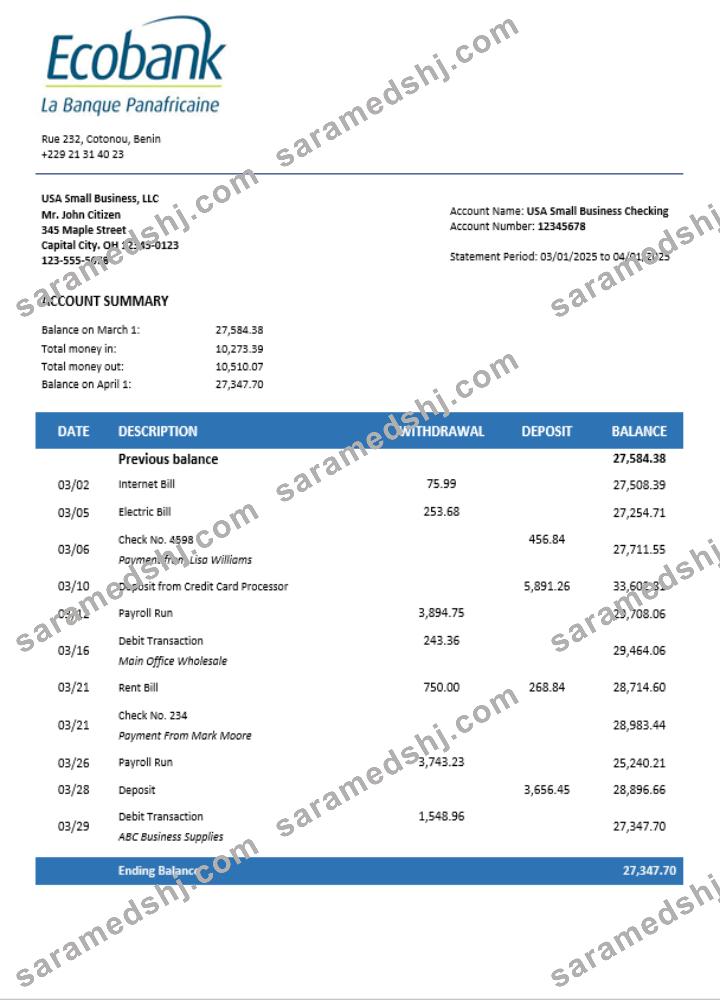Ecobank enterprise statement Word and PDF format
